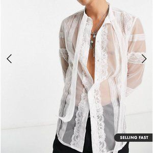ASOS DESIGN Sheer White Lace Shirt Size XL